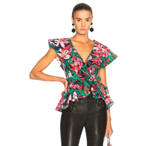 Marissa Webb Short Sleeve Top Tropical Floral Deep V Neck Ruffle Hem Tie Waist L